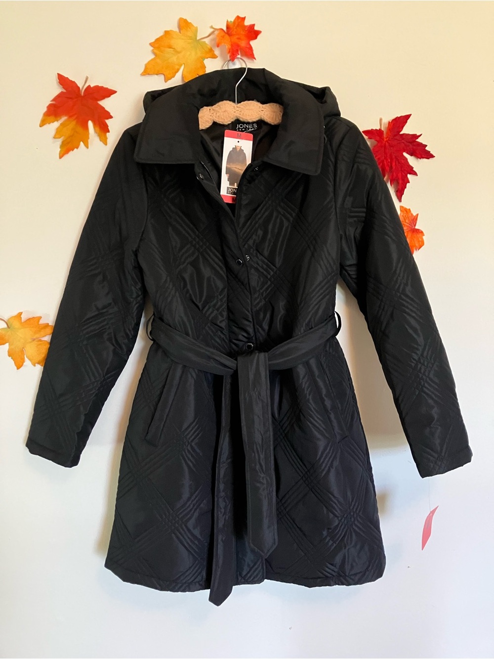 Jones New York Black Quilted Belted Trench Coat